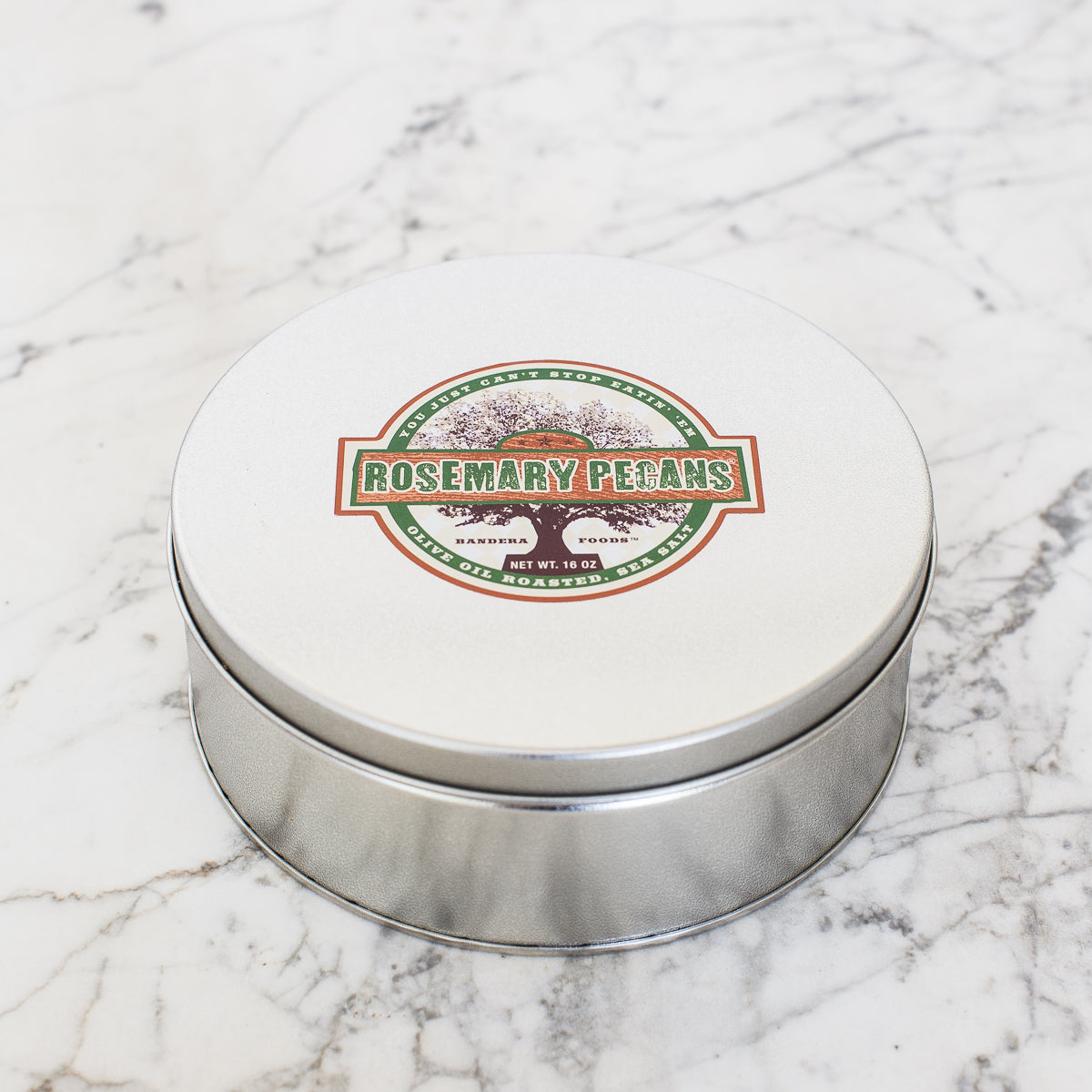 roasted pecans, extra virgin olive oil, rosemary, sea salt, 16oz tin, gift, corporate gift, gourmet gift