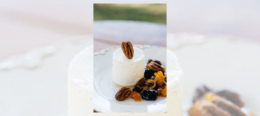 Vanilla Bean Crème Fraiche Mousse with Cinnamon Pecans and Dried Fruit Syrup