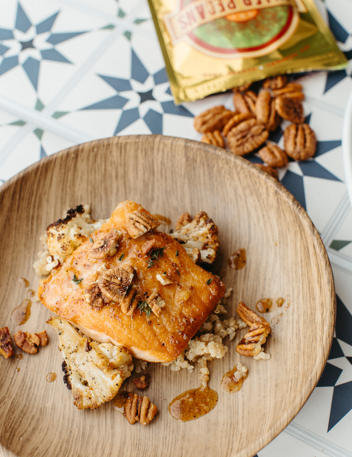 Maple Dijon Glazed Salmon with Smokin’ Pecans and Roasted Cauliflower