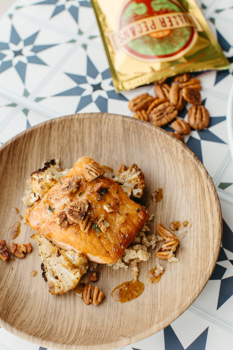 Maple Dijon Glazed Salmon with Smokin’ Pecans and Roasted Cauliflower