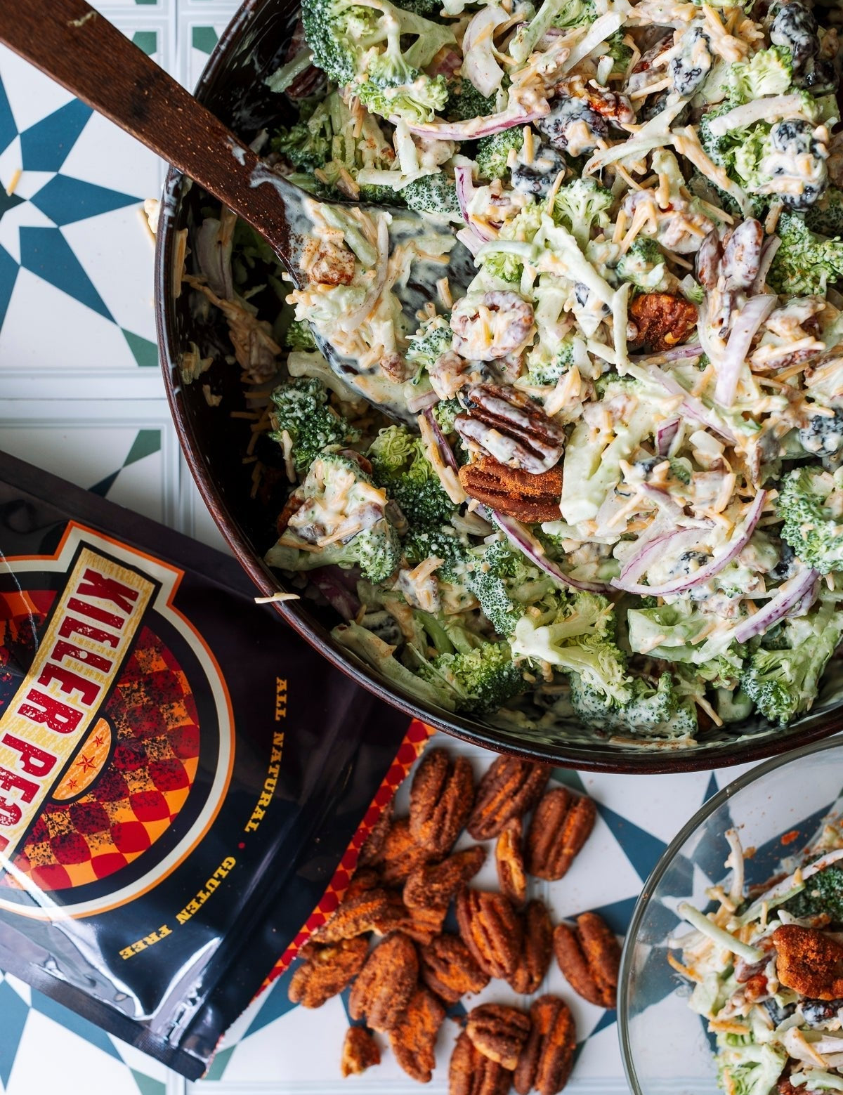 Broccoli Salad with Bacon and Korean Spice Pecans - Killer Pecans