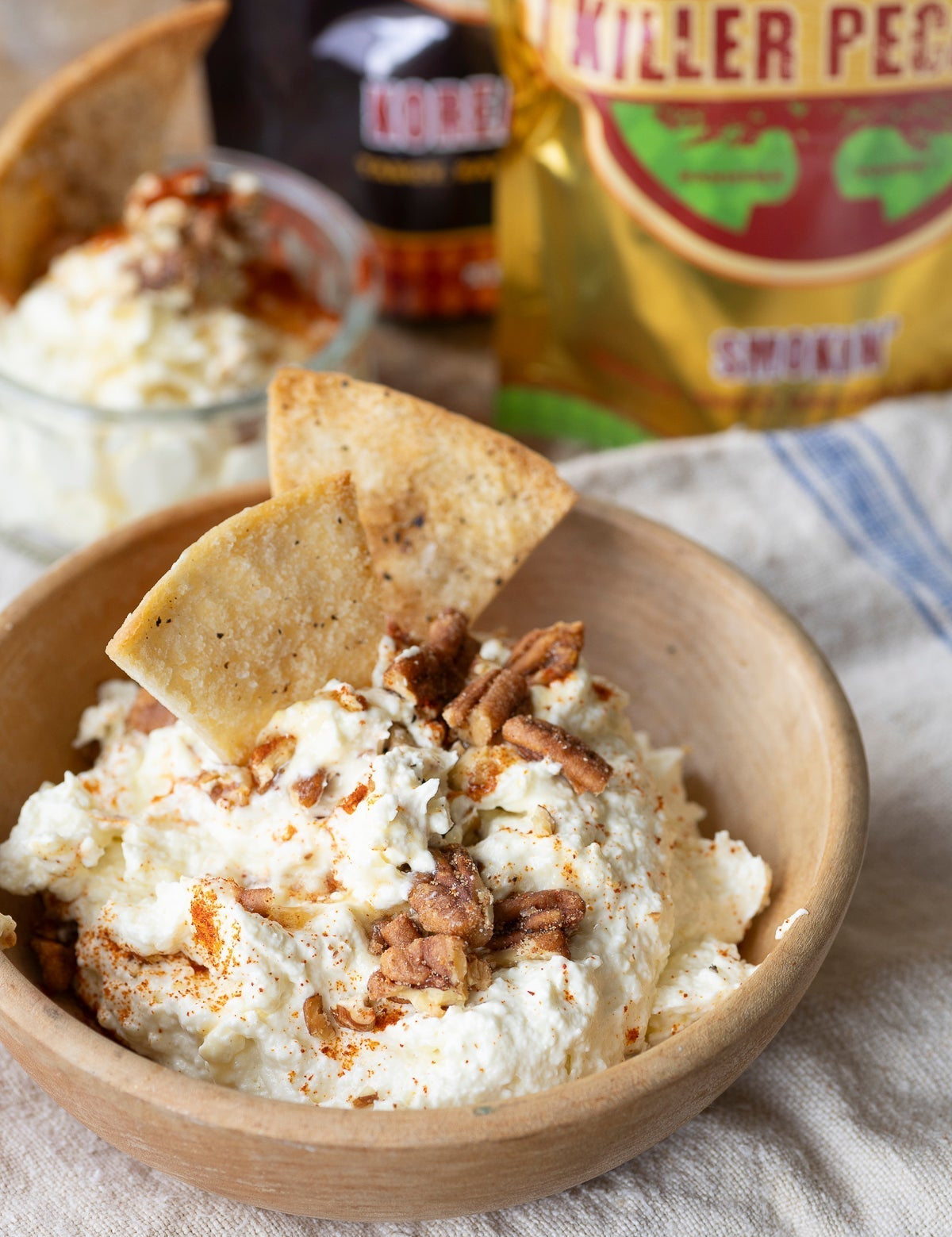 Creamy Feta Dip with Smokin’ Pecans and Pita Chips - Killer Pecans