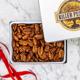Cinnamon Pecans 24 oz Rectangle Tin tied with Ribbon - Killer Pecans