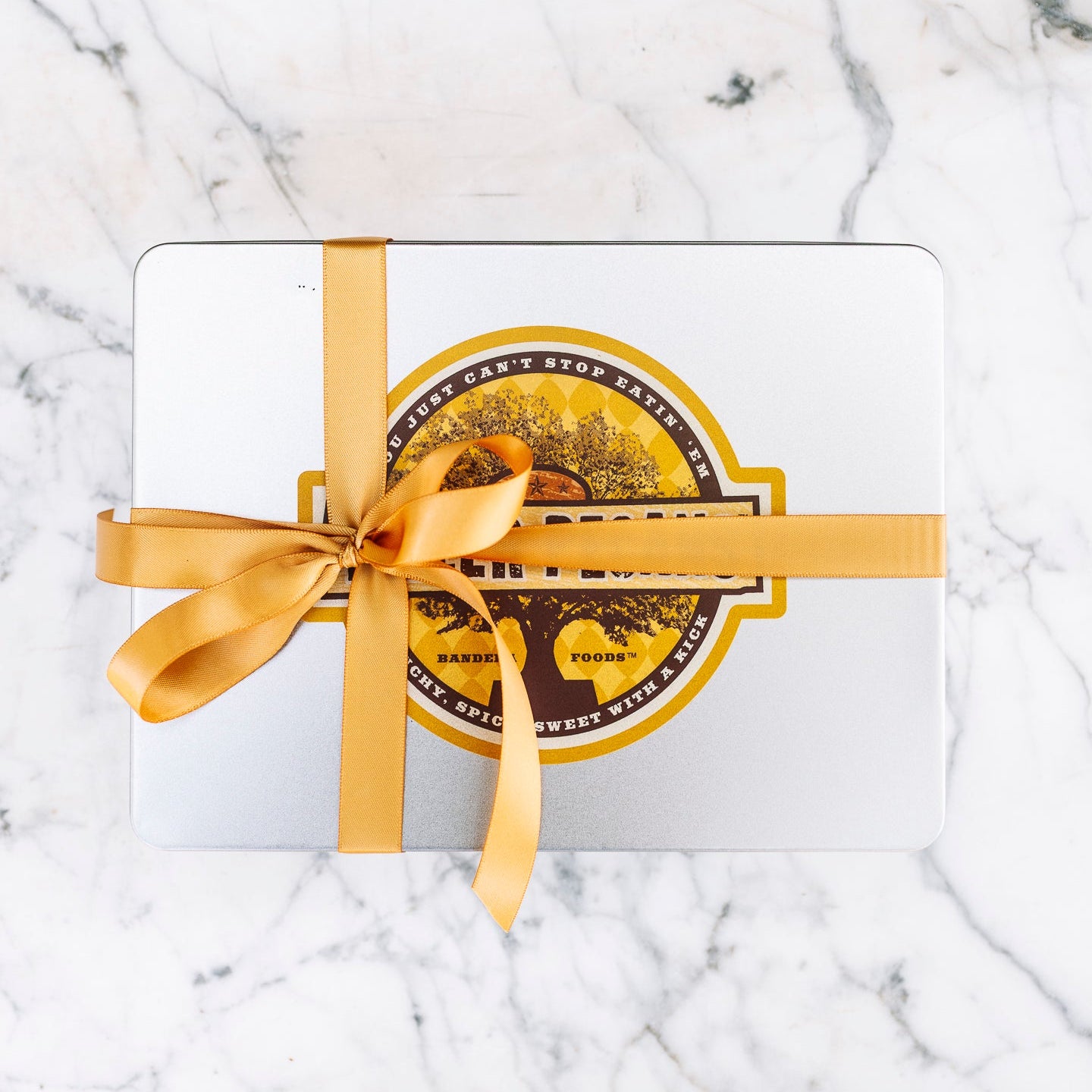 Original Spice Pecans 24 oz Rectangle Tin tied with Ribbon - Killer Pecans