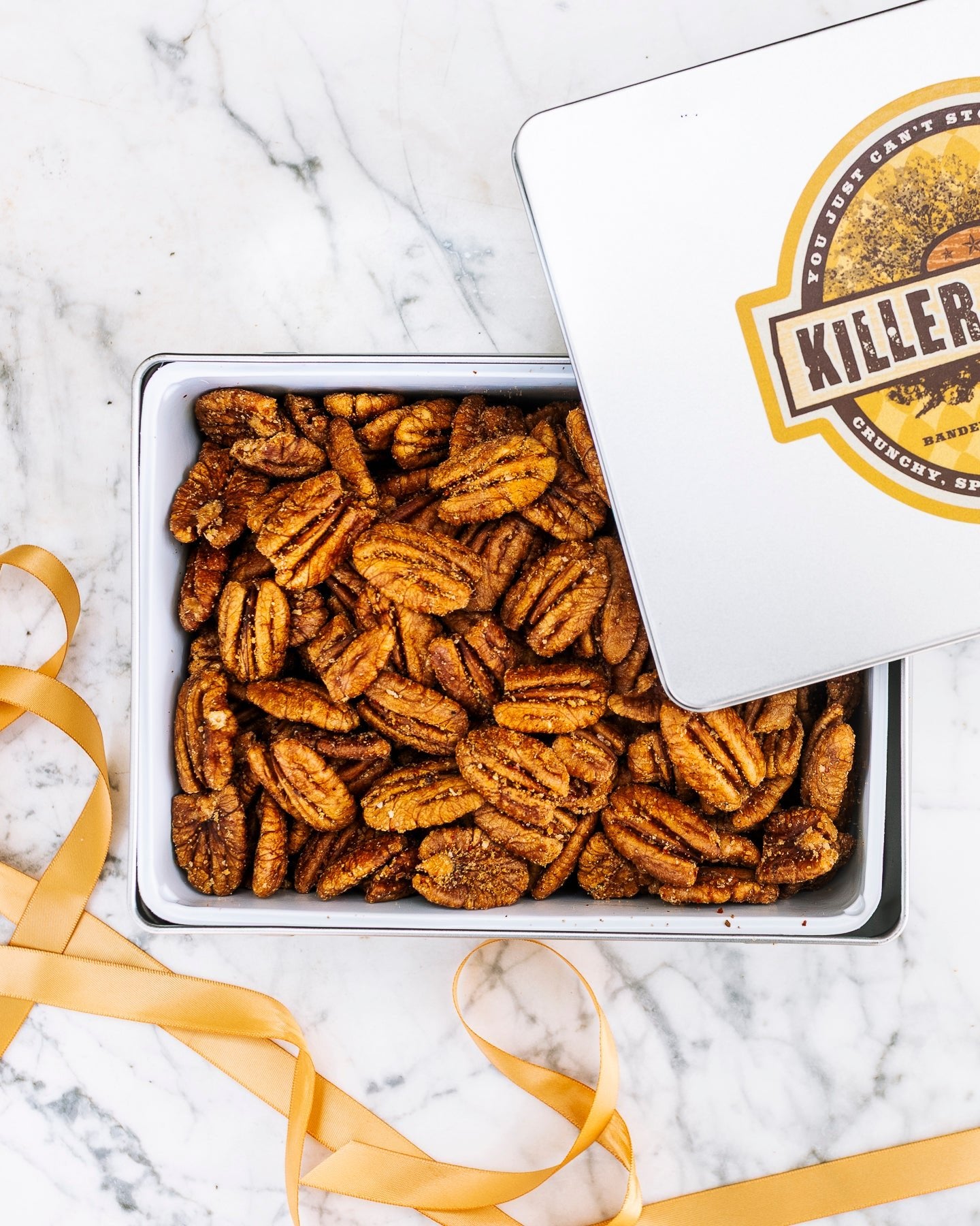 Original Spice Pecans 24 oz Rectangle Tin tied with Ribbon - Killer Pecans