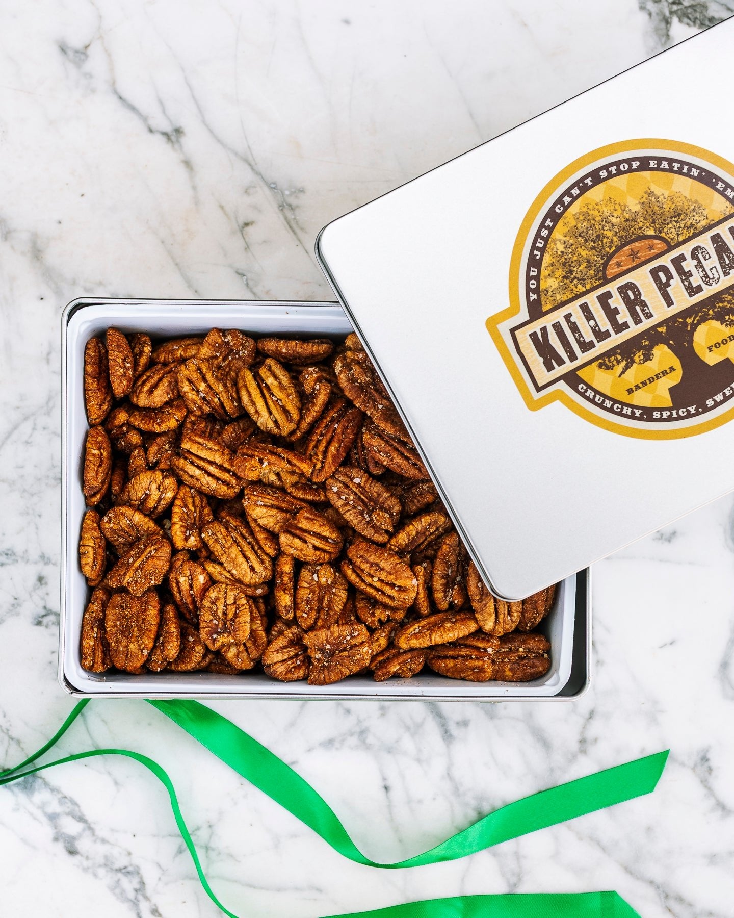 Smokin' Pecans 24 oz Rectangle Tin tied with Ribbon - Killer Pecans
