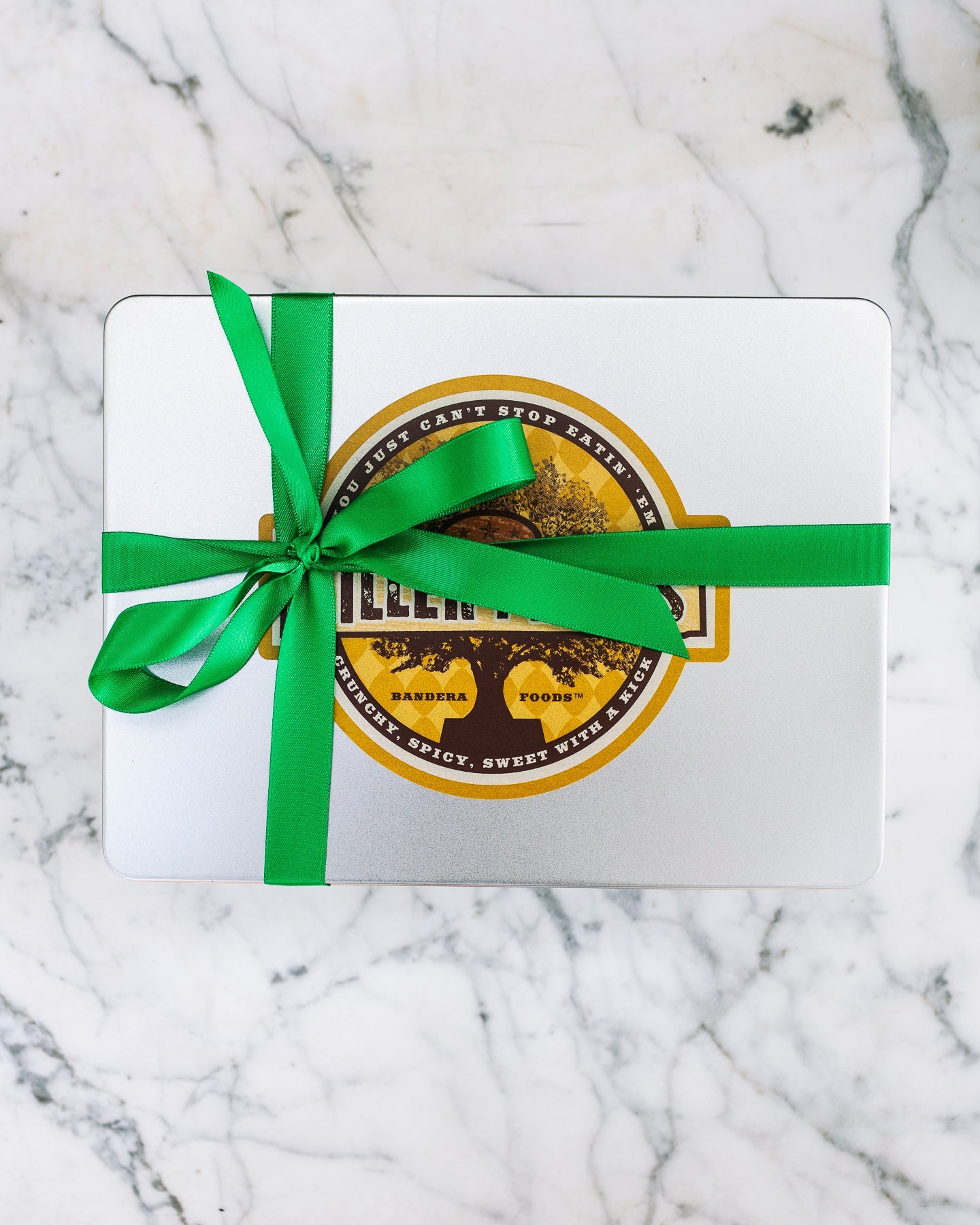 Smokin' Pecans 24 oz Rectangle Tin tied with Ribbon - Killer Pecans