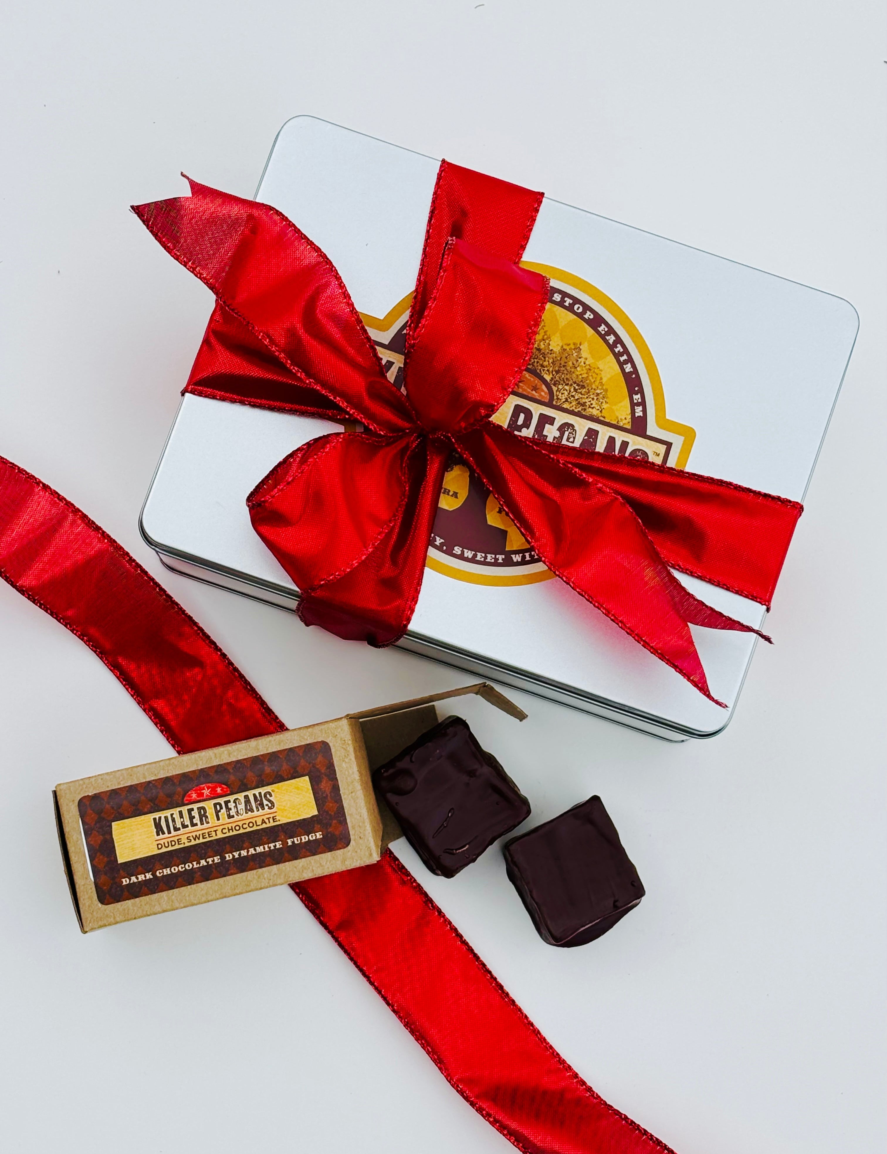 Valentine Special! Buy one 24 oz tin of Original Spice Pecans tied with a Valentine bow and receive one box of Chocolate Dynamite Fudge. Enter code: VALENTINE26 at check out. - Killer Pecans
