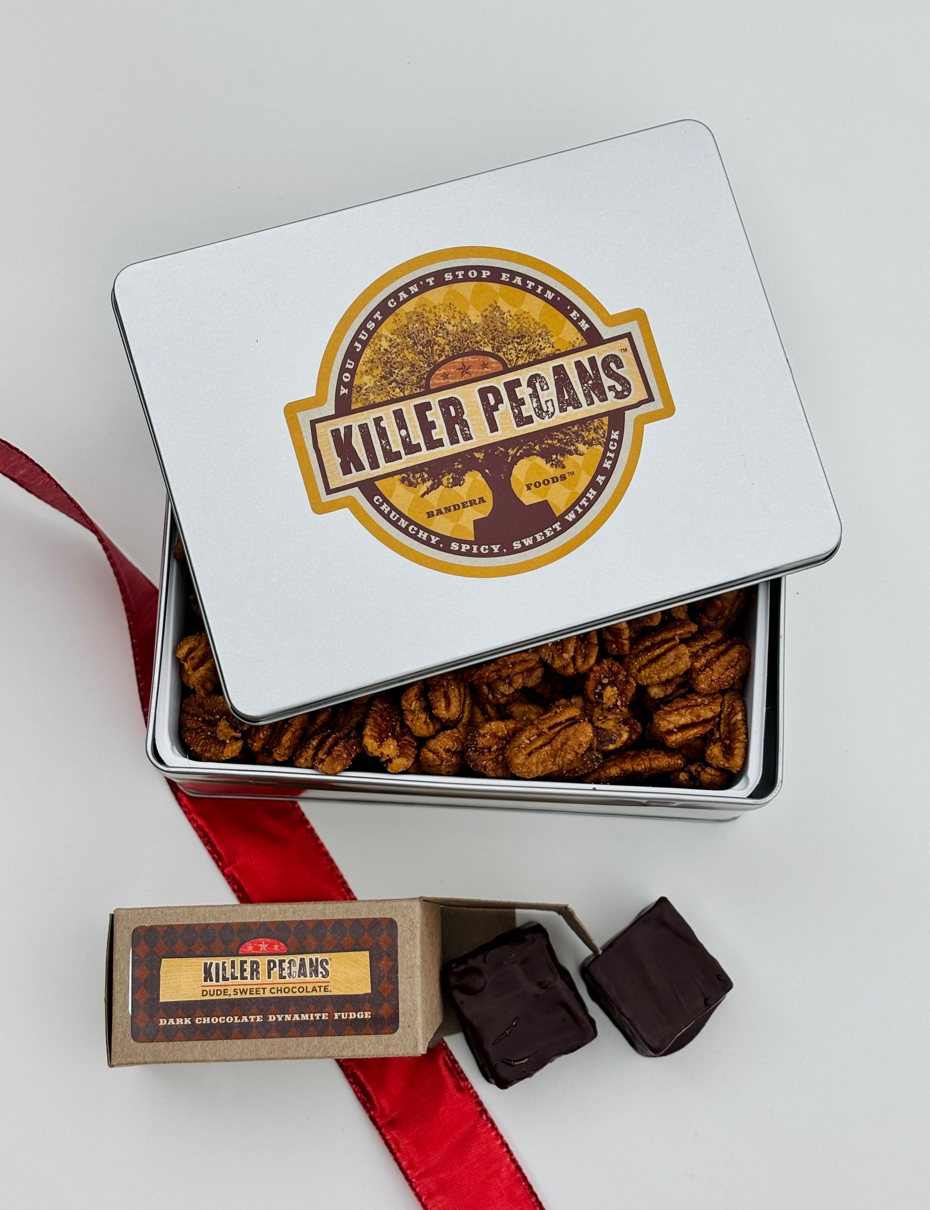 Valentine Special! Buy one 24 oz tin of Original Spice Pecans tied with a Valentine bow and receive one box of Chocolate Dynamite Fudge. Enter code: VALENTINE26 at check out. - Killer Pecans