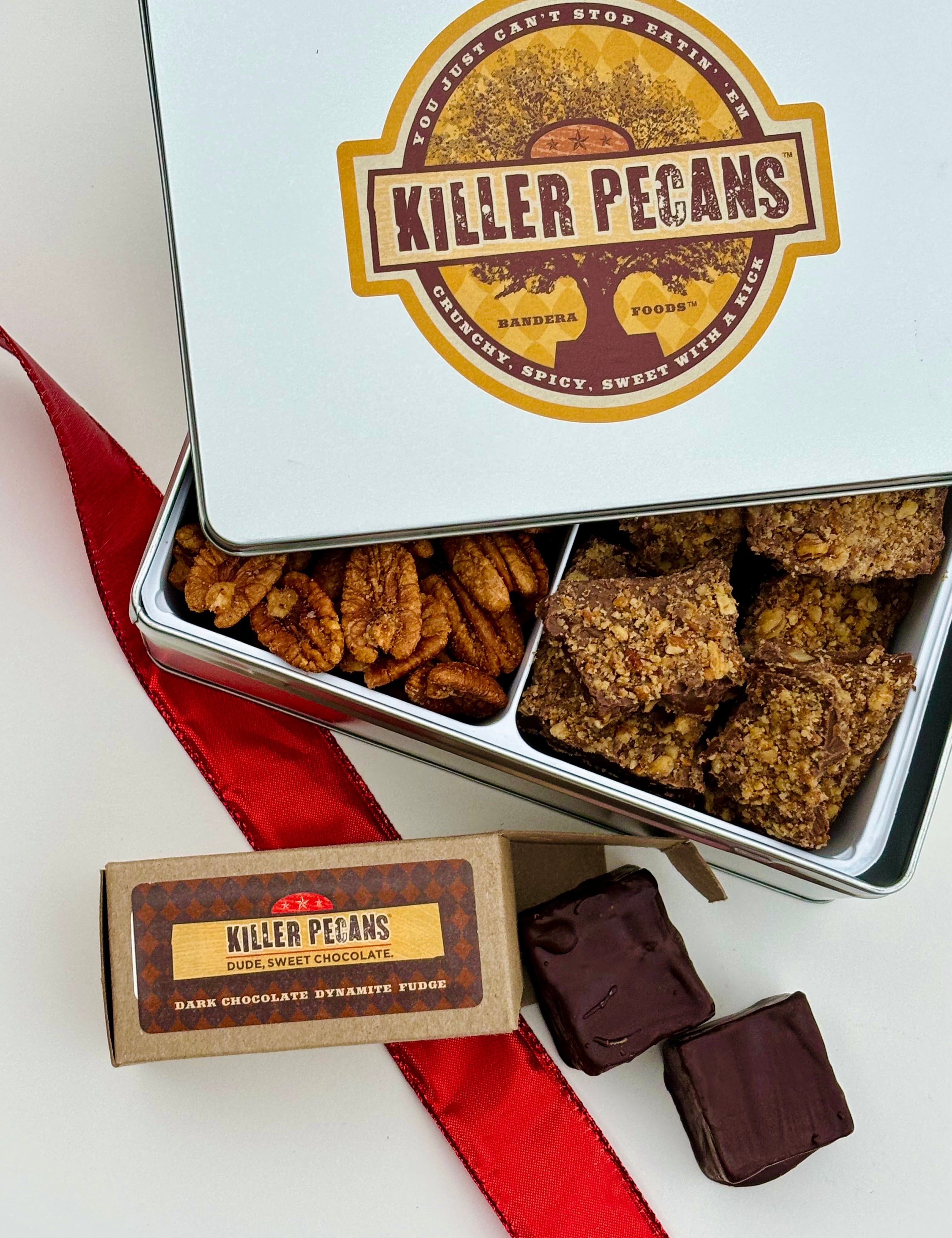 Valentine Special! Buy one Rectangle Combo tin tied with a Valentine bow and receive one box of Chocolate Dynamite Fudge. Enter code: VALENTINE26 at check out. - Killer Pecans