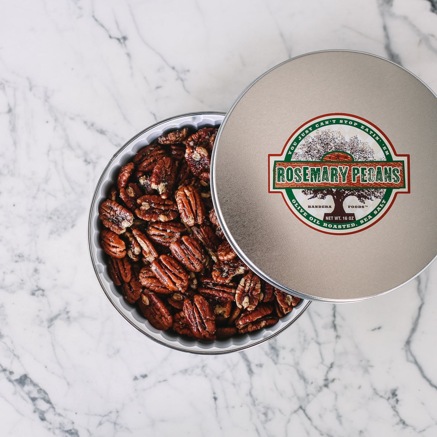 roasted pecans, extra virgin olive oil, rosemary, sea salt, 16oz tin, gift, corporate gift, gourmet gift