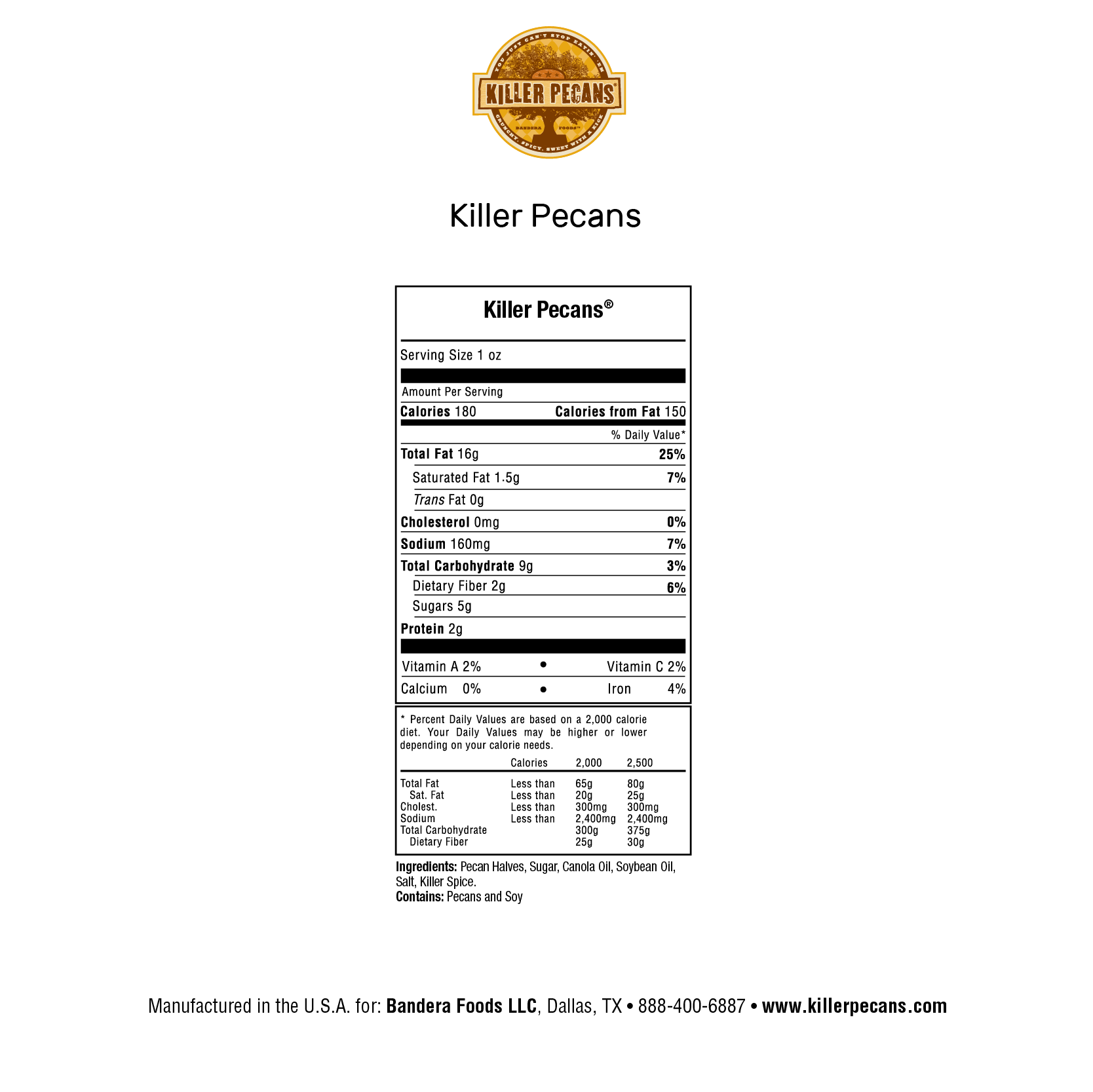 Killer Pecans 16oz bag Crunchy Spicy Sweet with a Kick. All Natural, Gluten-free. Nutrition Panel
