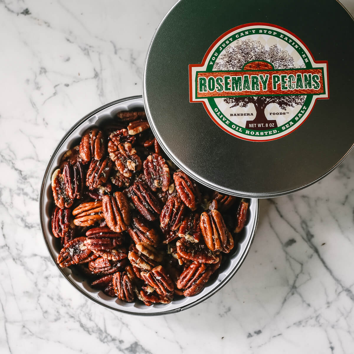 roasted pecans, extra virgin olive oil, rosemary, sea salt, 8oz tin, gift, corporate gift, gourmet gift
