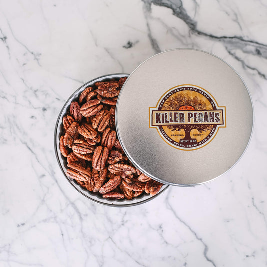 Killer Pecans 16oz tin Crunchy Spicy Sweet with a Kick. All Natural, Gluten-free