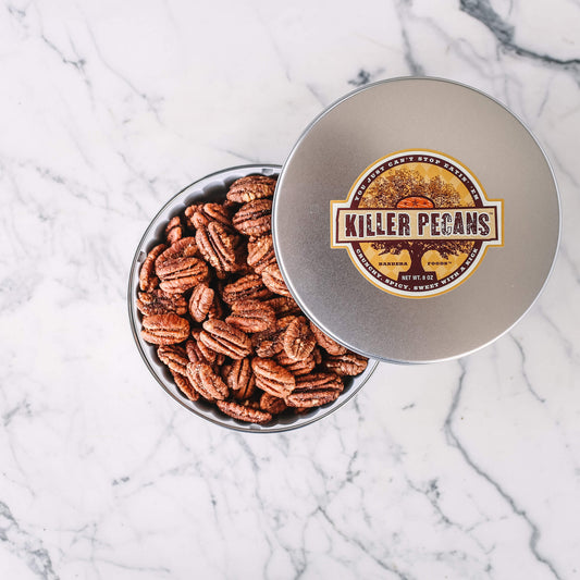 Killer Pecans 8oz tin Crunchy Spicy Sweet with a Kick. All Natural, Gluten-free