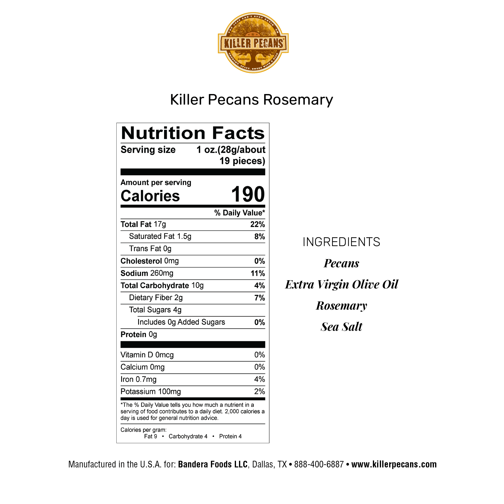 Olive Oil Roasted Rosemary Pecans 4 oz Bag - Killer Pecans